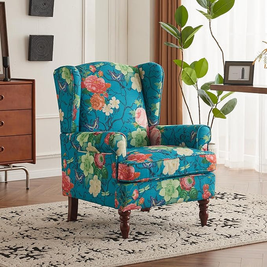 MELLCOM Floral Accent Chair, High Back Upholstered Armchair with Solid Legs, Leisure Single Sofa Chair for Living Room, Bedroom, Home Office, Teal Floral