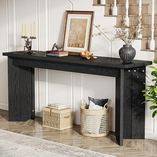 Tribesigns Farmhouse Console Table, 70.9-Inch Extra Long Console Table, Wood Sofa Table Behind Couch with Widened Tabletop & Sturdy Double Pedestal for Living Room, Hallway, Foyer (Black)