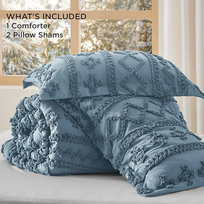 Bedsure Tufted Boho Comforter Set Queen Size - Dusty Blue Boho Bed Set, GentleSoft™ 3 Pieces Farmhouse Shabby Chic Embroidery Bedding, Gifts for Woman, Soft Jacquard Queen Comforter for All Seasons