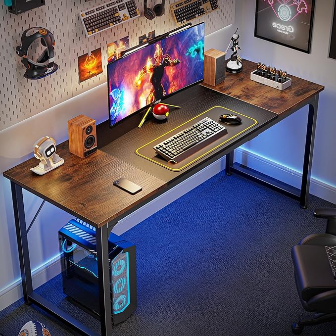 Huuger Computer Desk, 63 Inch Office Desk, Gaming Desk with Storage, Writing Desk Work Desk for Home Office, Study, Modern Simple Desk, Large Legroom, Metal Frame, Rustic Brown and Black