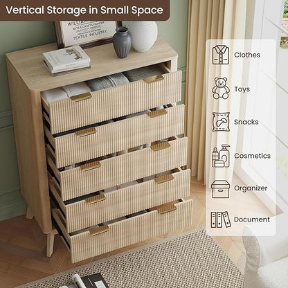 Fluted 5 Drawer Dresser, Tall Dresser with Deep Drawers, Wood Chest of Drawers for Bedroom, Modern Tall Chest Storage Organizer, Natural Finish for Hallway, Entryway, Living Room (Oak)
