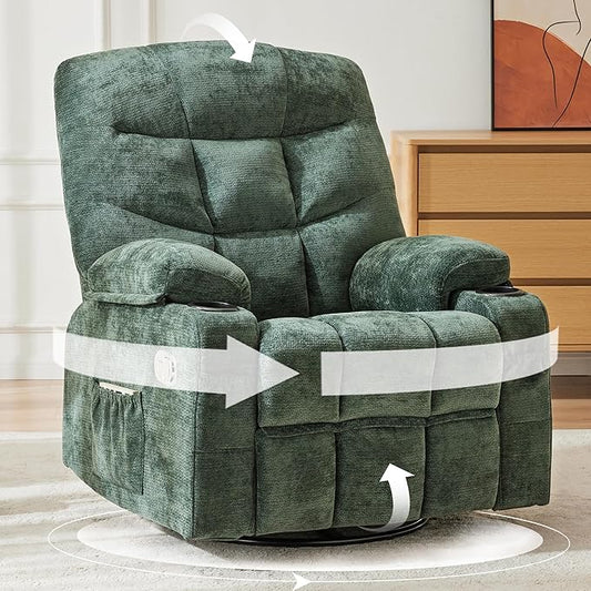 Manual Rocker Recliner Chair, 360°Swivel Recliner Chairs for Adults, Single Recliner Seat with Cup Holders,Upholstered Fabric Lazy Boy Recliner,Green