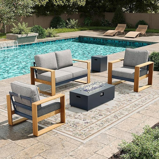 LayinSun 4 Pieces Aluminum Patio Furniture Set with Fire Pit Table, Oversized Seat with Hight Back, Outdoor Conversation Sets for Porch, Balcony, Deck