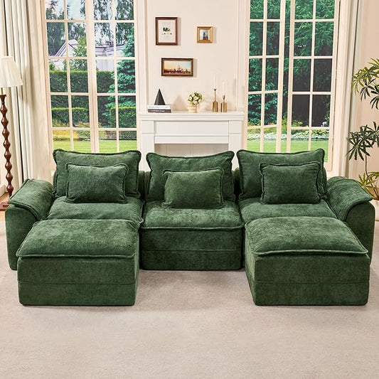 Hobestluk 120" Cloud Modular Sectional Couch 3-Seater Sofa with Ottomans U Shaped Couch Deep Seat Sofa with Removable Cover Large Sofa for Living Room (Green, 3-Seater Sofa with Two Ottomans)