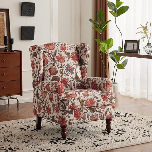 MELLCOM Floral Accent Chair, High Back Upholstered Armchair with Solid Legs, Leisure Single Sofa Chair for Living Room, Bedroom, Home Office, Red Floral