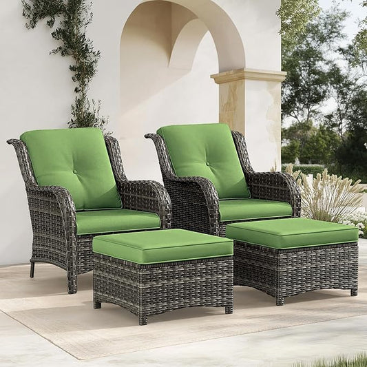 4 Pieces Patio Conversation Set, Wicker Chairs Set of 2 and Two Ottomans with 3.5-inch Seat Cushions, High Back and Curved Armrest for Backyard, Balcony and Deck, Green