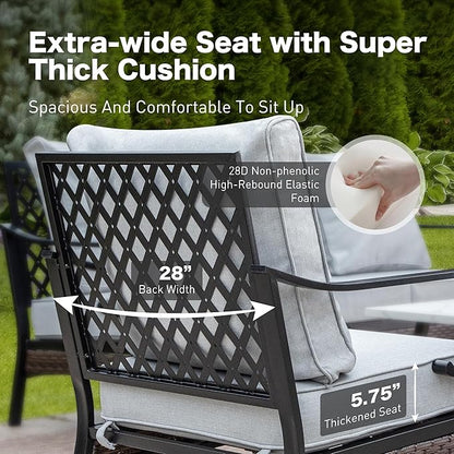 6 Piece Metal Outdoor Patio Furniture Set, Patio Conversation Set with 1 3-Seater and 2 Fixed Sofas, 2 Rocking Sofas with 5.75" Cushion & Coffee Table, Black and Light Gray