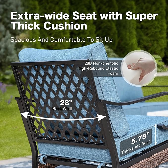 6 Piece Metal Outdoor Patio Furniture Sets, Patio Conversation Sets with 3-Seater Sofa, 4 Single Sofa (5.75" Thick Cushion) & Coffee Table, Black Frame Backyard Furniture, Denim Blue