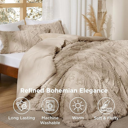 Bedsure Tufted Boho Comforter Set Oversized King - Khaki Boho Bed Set, GentleSoft™ 3 Pieces Farmhouse Shabby Chic Embroidery Bedding, Gifts for Woman, Soft Jacquard Comforter for All Seasons