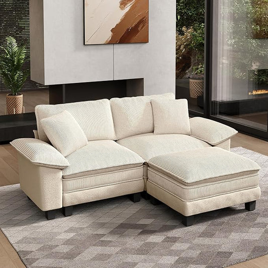 HERA'S HOUSE Modular Sectional Sofa, 88" L Shaped Cloud Couch with Ottoman and Throw Pillow, Mixed Fabric Sleek Couches for Living Room, Beige
