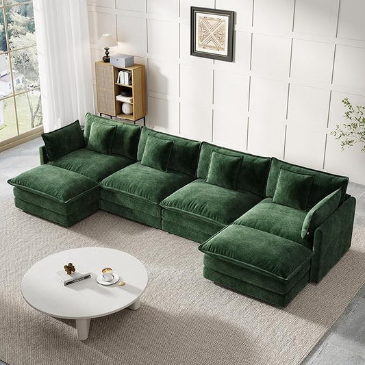 Modular Sectional Sofa, 146.5 Inch U-Shaped Cloud Sofa with Deep Seat Chenille Sofa with Cushions, Four Seater Sectional Sofa for Living Room Apartment,Evergreen