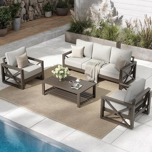 UDPATIO Aluminum Patio Furniture Set, 4 Piece Faux Wood Outdoor Patio Sets with Coffee Table, Metal Patio Furniture Set Modern Outdoor Sectional for Deck Porch Patio, Light Grey