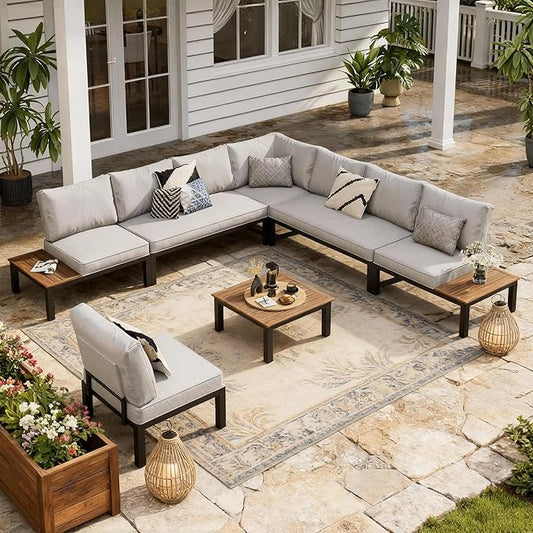 Sophia & William 7 Piece Outdoor Patio Furniture Set, Metal Sectional Sofa Patio Conversation Set with Cushions-2 x Single Sofa with Side Table, 2 x Single Chair, 2 x Loveseat, 1 x Tea Table