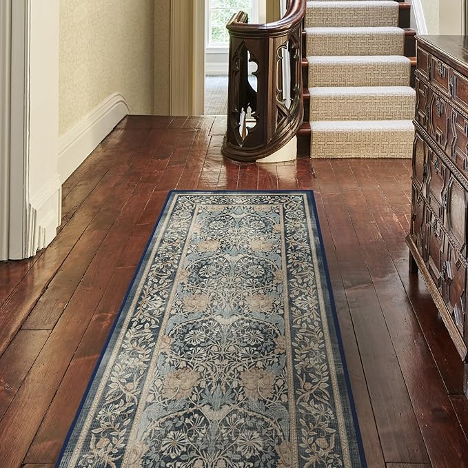 RUGGABLE x Morris & Co Machine Washable Runner Rug – Honeysuckle & Tulip Blue 2.5x10, Stain-Resistant, Non-Slip – Washable Rug for Hallway, Entryway, Living Room & Kitchen–with Cushioned Pad