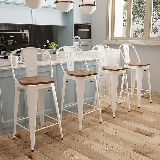Aklaus Swivel Metal Bar Stools with Backs Counter Stools Set of 4 Counter Height Stools High Back Bar Chairs 26 Inch Barstool Farmhouse White Cream Barstools