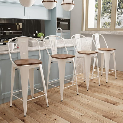 Aklaus Swivel Metal Bar Stools with Backs Counter Stools Set of 4 Counter Height Stools High Back Bar Chairs 24 Inch Barstools Farmhouse White Cream