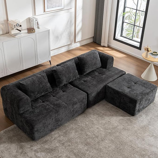 95" Modern Cloud Sectional Sofa Couch, Modular L-Shaped Sofas with Deep Seat and Chaise Ottoman, Chenille Boneless Tufted Couches for Living Room, No Assembly Required, Black