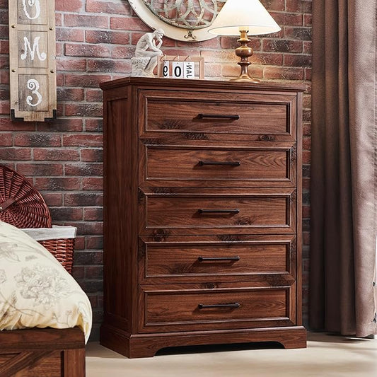 ACCOHOHO Farmhouse 5 Drawers Dresser Chests for Bedroom,46" Tall Wood Rustic Chest of Drawers with Wide Metal Handle,Natural Texture,Drawer Organizer for Bedroom,Living Room,Hallway and Entryway,Brown