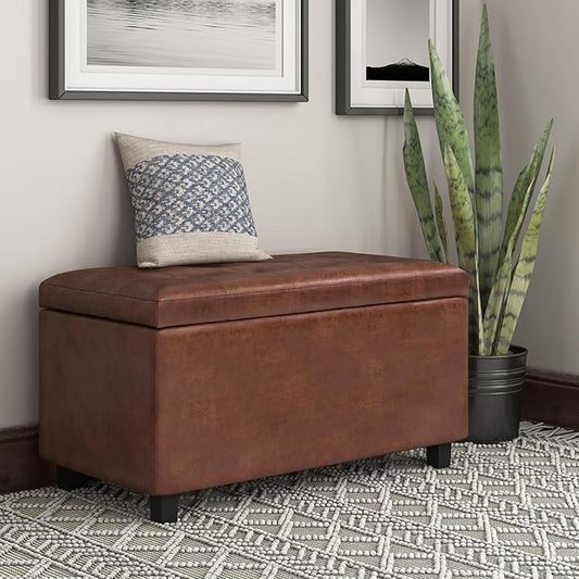 SIMPLIHOME Cosmopolitan Storage Ottoman - 34 inch Wide Upholstered Vegan Leather Rectangle Storage Ottoman Bench in Distressed Saddle Brown, Transitional Tufted Ottoman for Entryway with Lift-Up Lid
