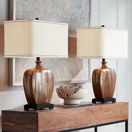 Possini Euro Design Julius Modern Rustic Style Table Lamps 27" Tall Set of 2 Ceramic Copper Drip Rectangular Fabric Shade Decor for Living Room Bedroom House Bedside Nightstand Home Office Reading