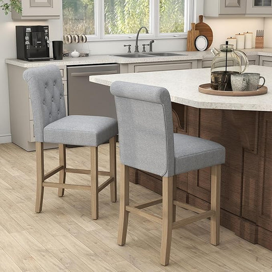 GOTMINSI 24" Bar Stools Set of 2 for Kitchen Island Upholstered Counter Height Bar Stools with Button Tufted Decoration Barstools Home Kitchen Island Wooden Bar Chairs Grey