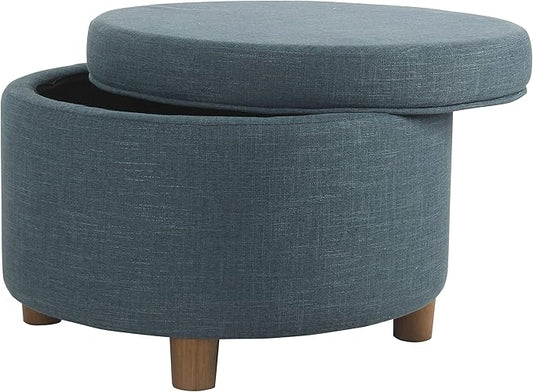 Homepop Home Decor | Upholstered Round Storage Ottoman | Ottoman with Storage for Living Room & Bedroom (Light Teal Linen)