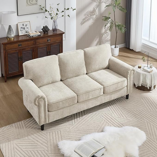 Kingfun 3 Seater Couch, Mid Century Modern Sofa with Rolled Arms and Deep Seats, Fluffy Comfort for Living Room, Apartment, Easy Assembly, Khaki