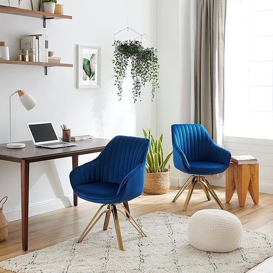 Zouron Mid Century Modern Swivel Accent Chair with Gold Metal Legs, Upholstered Swivel Chair No Wheels, Side Accent Arm Chair Vanity Chair for Small Space Home Office Living Room Bedroom, Dark Blue