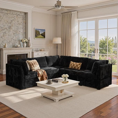 130'' Modern Modular Sectional Sofa,5 Seats Cloud Comfort Corduroy Fluffy Couch,L Shaped Convertible Sofa Couch for Living Room,Black