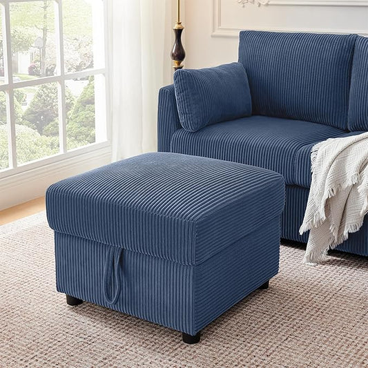Corduroy Storage Ottoman for Living Room Sofas Couches, Square Ottoman with Storage Space Foot Rest Stool for Apartment, Dorm, Entryway, Navy Blue
