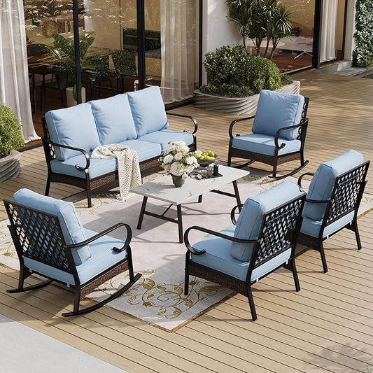 6 Piece Metal Outdoor Patio Furniture Set, 1 3-Seater & 2 Fixed Sofa, 2 Rocking Sofa with 5.75" Thick Cushion & Coffee Table - Black & Blue