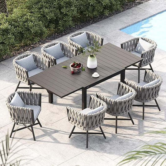 Grand patio 9-Piece Outdoor Dining Set for 8, Patio Dining Furniture Set for 8 Swivel Rope Wicker Chairs & 1 Expandable Rectangular Dining Table, Light Gray Brown