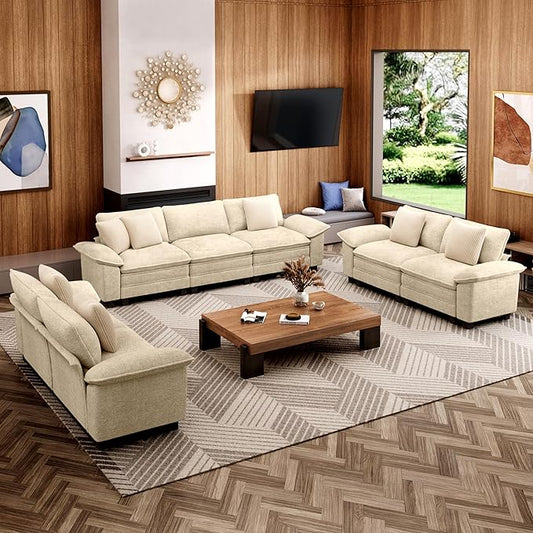 Cloud Couch Sectional Sofa Set, Plush 24.4-Inch Deep 7-Seat Sectional with Velvety Chenille & Removable Arms for Living Room and Apartment, Beige