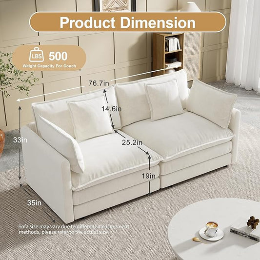 Modular Sectional Sofa, 76.7 Inch I-Shaped Cloud Sofa with Deep Seat Comfortable Chenille Sofa with Cushion Double Sectional Sofa for Living Room Apartment, White