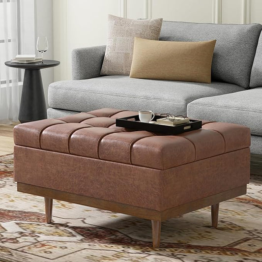 SIMPLIHOME Mariah 34 inch Wide Contemporary Rectangle Coffee Table Storage Ottoman in Distressed Saddle Brown Vegan Faux Leather, Assembled, For the Living Room, Entryway and Family Room