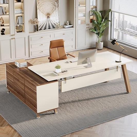 Tribesigns 78.7" L-Shaped Executive Desk, Modern Office Desk with File Drawers & Storage Shelves, Large Computer Desk with 55-Inch Cabinet, Business Workstation for Home Office, White & Walnut
