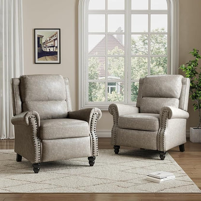 Pushback Recliner Chairs Set of 2, Faux Leather Wingback Recliner Chair, Upholstered Armchair Push Back Recliner with Wood Legs, Rivet Trim Single Sofa Accent Chair for Living Room, Bedroom, Gray