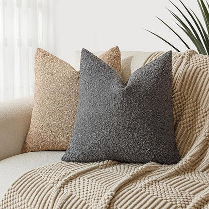 Foindtower Set of 2, Decorative Textured Boucle Throw Pillow Covers Accent Solid Pillow Cases Neutral Soft Cozy Couch Cushion Case for Chair Sofa Bedroom Living Room Home Decor 26 x 26 Inch Dark Grey