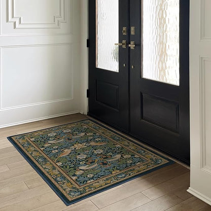 RUGGABLE x Morris & Co Washable Area Rug– Strawberry Thief Indigo 4x6, Stain-Resistant, Non-Slip – Medium Machine Washable Rugs for Living Room, Bedroom, Hallway, Entryway & Office–with Cushioned Pad
