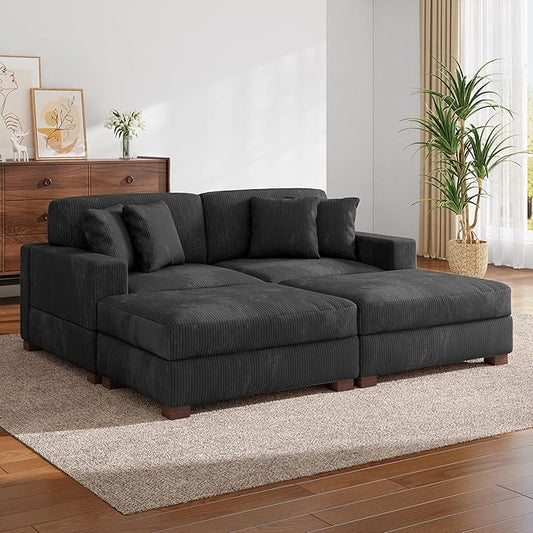 Modular Sectional Couches for Living Room, Modern Loveseat 2-Seater Sofa Couch with Ottoman, Upholstered Couches for Living Room Bedroom, Grey