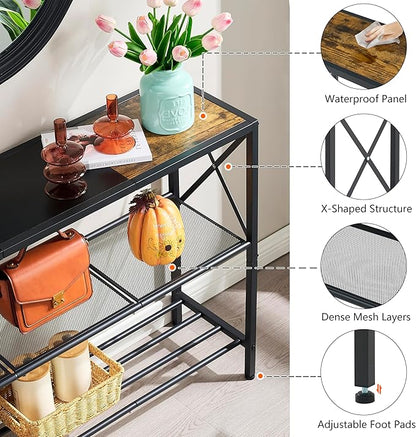 Hoctieon Industrial Console Table, 3 Tier Entryway Table, Hallway Table, Narrow Sofa Table with Shelves, Entrance Table for Entryway, Rustic Brown&Black