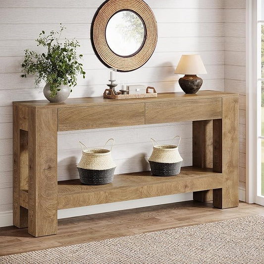 Tribesigns 63" Console Table with 2 Drawers, Farmhouse Entryway Table with Storage Shelf and Sturdy Legs, Wooden Sofa Table for Living Room, Hallway, Entrance (Brown)