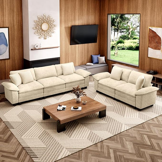 L-Shaped Cloud Modular Sofa Set with Chaise Lounge, 5-Piece Sectional & Deep Seat, Plush Chenille w/Removable Arms for Living Room - Beige