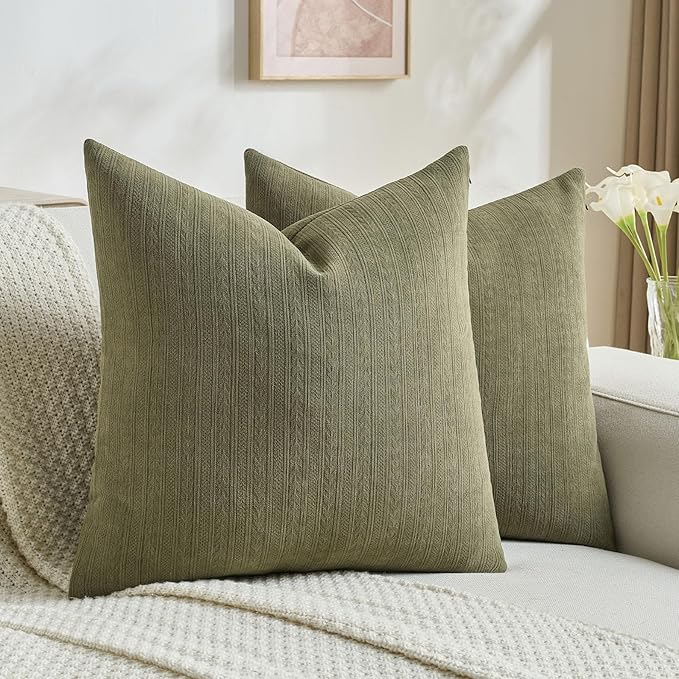 FUTEI Olive Green Decorative Throw Pillow Covers 26x26 Inch Set of 2,Soft Cozy Wheat Ear Striped Patterns Euro Pillow Shams,Modern Home Decor for Couch Bed Living Room