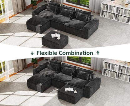 Hobestluk 120" Cloud Modular Sectional Couch 3-Seater Sofa with Ottomans U Shaped Couch Deep Seat Sofa with Removable Cover Large Sofa for Living Room (Dark Grey, 3-Seater Sofa with Two Ottomans)