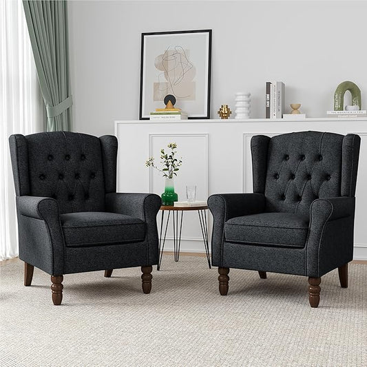 High Back Accent Chairs Set of 2, High Wingback Chair for Living Room, Button-Tufted Upholstered Fabric Armchair with Solid Wood Legs, Comfy Single Sofa Reading Chair for Bedroom, Dark Navy