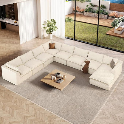 Vesgantti 204.7" Oversized Sectional Boneless Couch, Modern 9 Seater Modular Sofa with Chaise, Deep Seat Convertible Plush Corduroy Cloud Couches for Living Room, No Assembly Required, Beige