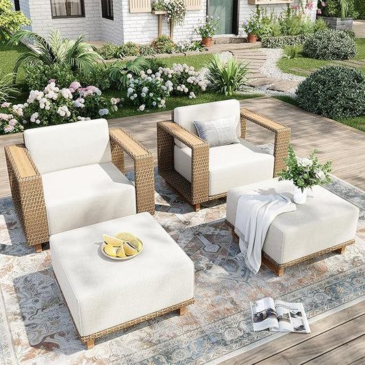 4 Pcs Outdoor Patio Furniture Set, Outdoor Wicker Modular Sofa Couch, 2 Rattan Armchairs, 2 Ottomans with 10" Extra Thick Cushions