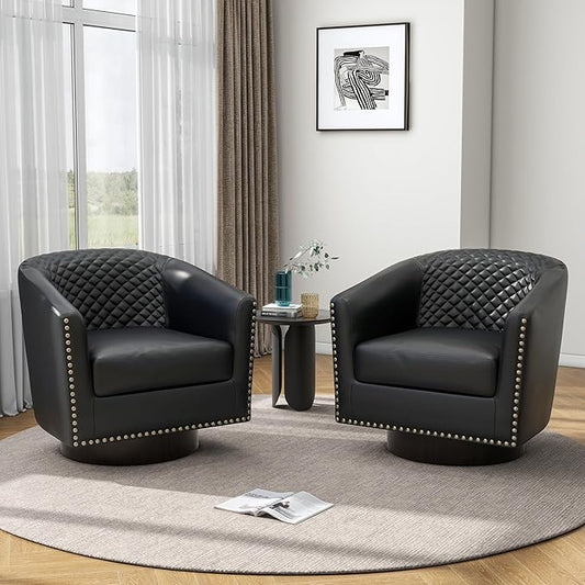 Pia Ricco Faux Leather Swivel Barrel Accent Chairs Set of 2, 360° Swivel Round Single Sofa Chair, Comfy Upholstered Club Armchair with Nailhead Trim for Living Room/Reading Room/Bedroom, Black