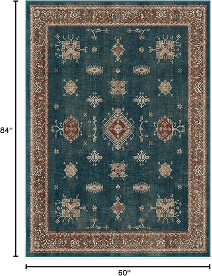 RUGGABLE Washable Vintage Area Rug – Verena Teal Blue 5x7, Stain-Resistant, Non-Slip – Medium Machine Washable Rugs for Living Room, Bedroom, Hallway, Entryway & Office–with Cushioned Pad